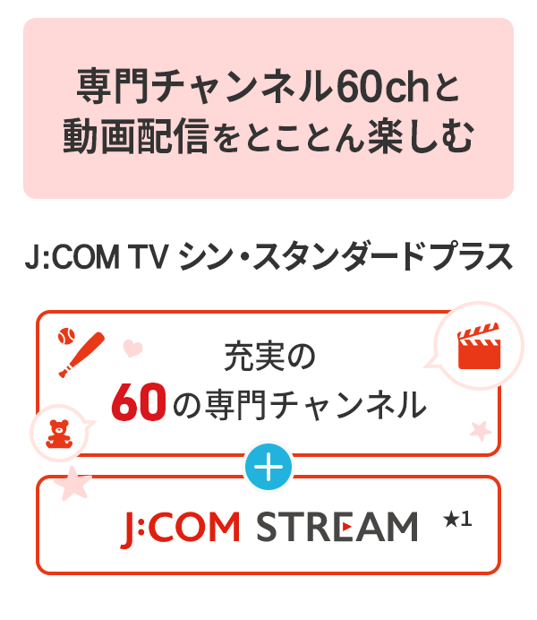 シン・スタンダードに専門チャンネルが18ch追加された充実のコース J:COM TV シン・スタンダードプラス 充実の60の専門チャンネル J:COM STREAM